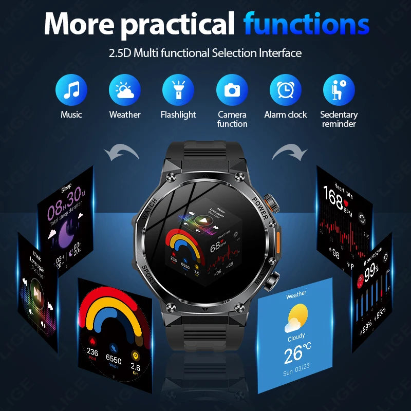 LIGE 2025 Smartwatch for Men — 800mAh Ultra Long Battery, Waterproof Outdoor Sport Watch with Bluetooth Call & Military Design