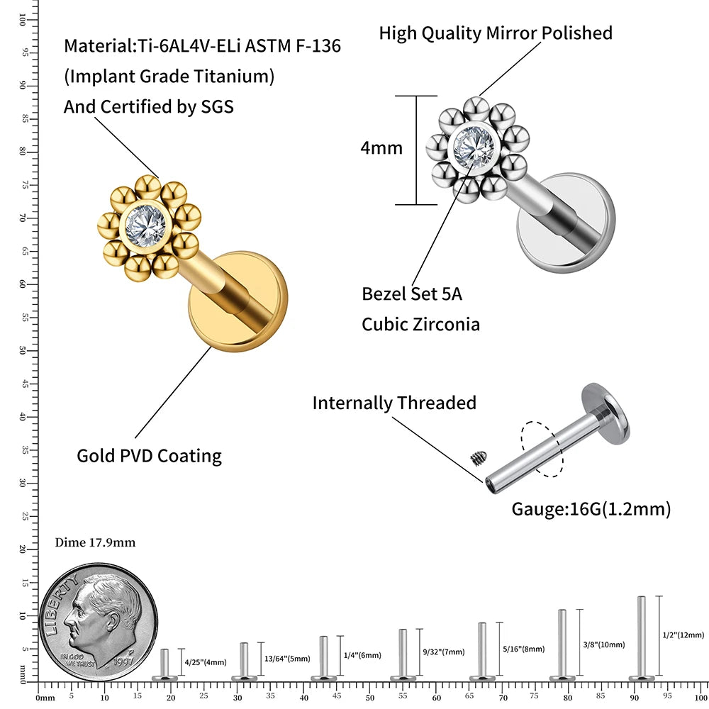 Right Grand ASTM F136 Titanium 16G Mini Beaded Sun Labret Stud CZ Flower – Tragus, Helix, Conch & Nose Piercing Body Jewelry