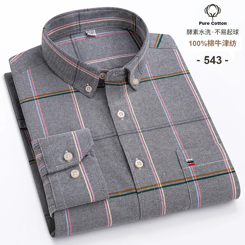 Men's 100% Cotton Oxford Plaid Shirt - Soft Regular Fit Long Sleeve Formal Dress Shirt with Pocket S-7XL