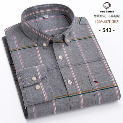 Men's 100% Cotton Oxford Plaid Shirt - Soft Regular Fit Long Sleeve Formal Dress Shirt with Pocket S-7XL