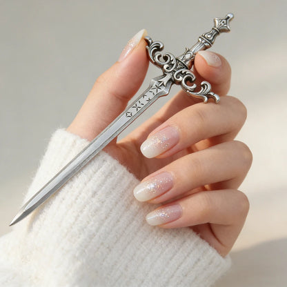 Silver Sword Hair Stick - Ornate Star Medieval Fantasy Cosplay Hair Accessory