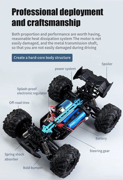 16103 Fast RC Cars – 50km/h 1/16 Off-Road 4WD Monster Truck with LED Headlights, 2.4G Waterproof Remote Control (For Adults & Kids)