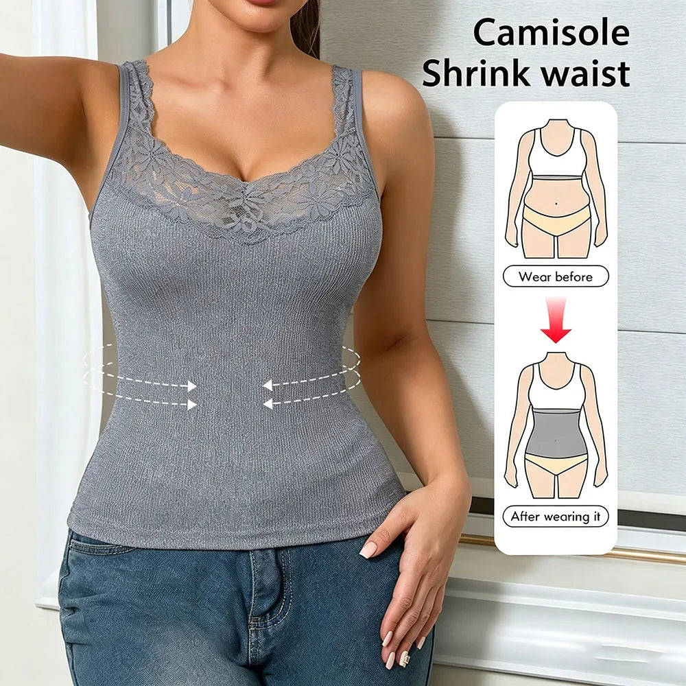 Women's Lace Neckline Seamless Tank Top - Slim Fit Ribbed Knit Sleeveless Camisole for Summer Streetwear