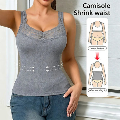 Women's Lace Neckline Seamless Tank Top - Slim Fit Ribbed Knit Sleeveless Camisole for Summer Streetwear