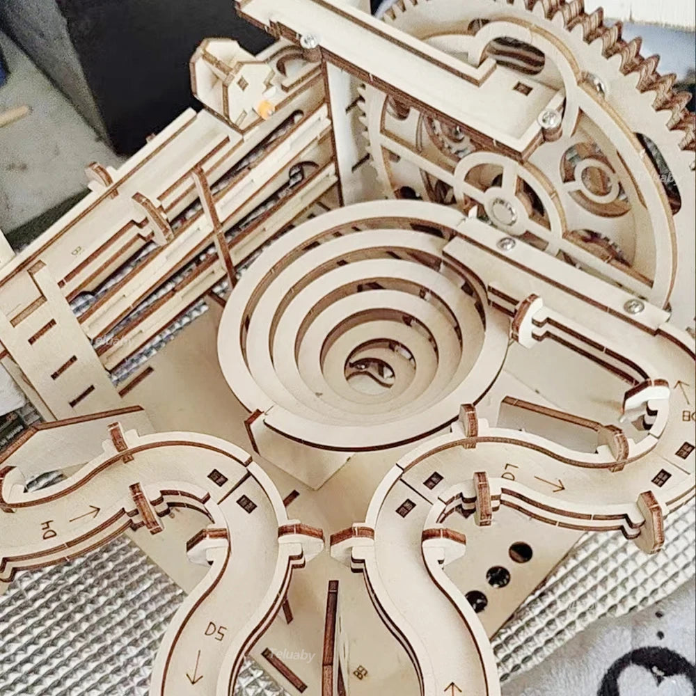 3D Wooden Puzzle DIY Mechanical Model Kit – Marble Run Set with 4 Balls, Assemble Toys for Adults & Kids, Unique Gifts