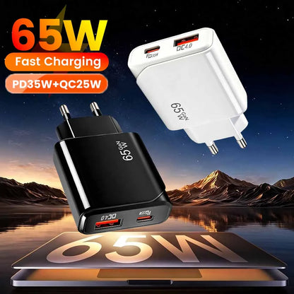 65W GaN USB-C Fast Charger – Ultra-Thin Dual-Port PD/QC Wall Adapter for iPhone, Samsung, and Xiaomi Devices