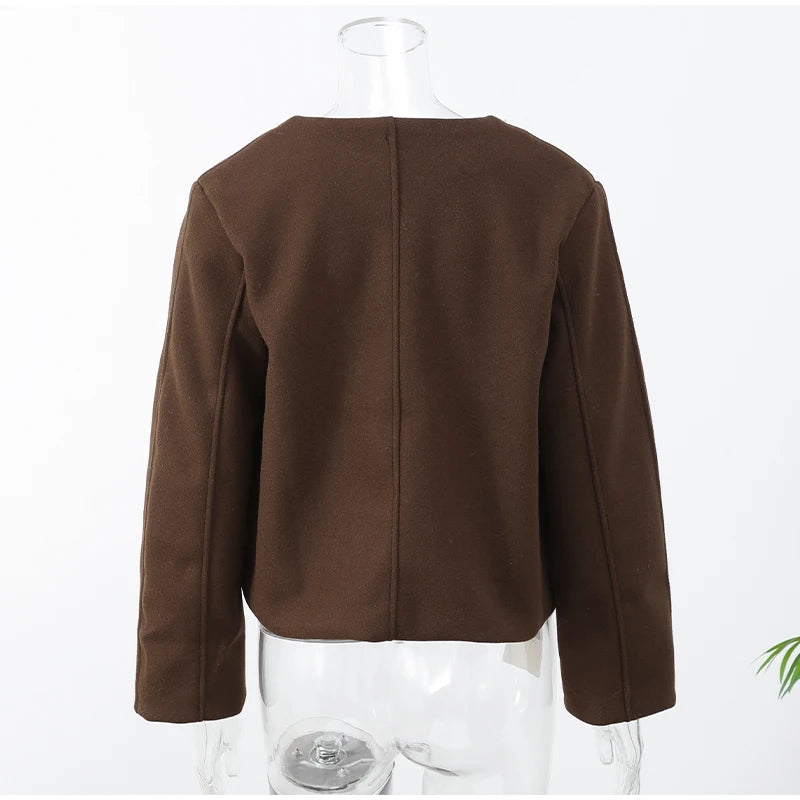 2024 Women's Elegant Solid Wool Blend Cardigan Coat – Round Neck, Single Button, Long Sleeve High Street Outwear