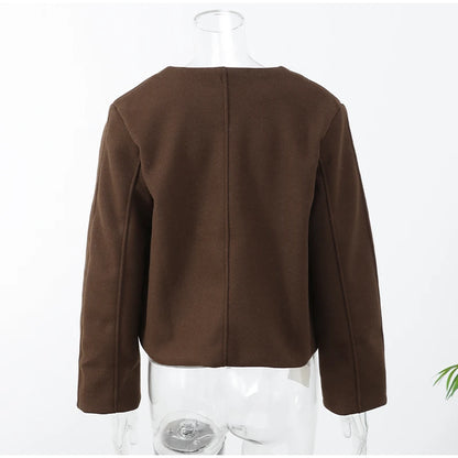 2024 Women's Elegant Solid Wool Blend Cardigan Coat – Round Neck, Single Button, Long Sleeve High Street Outwear