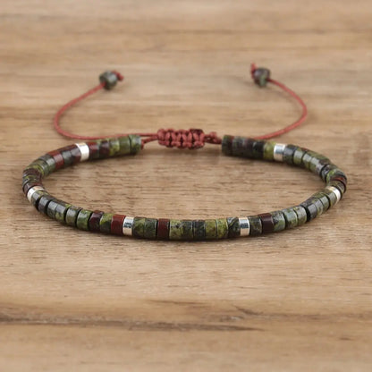 Natural Blue Emperor Stone Beaded Bracelet – Polished Block Beads, Adjustable Woven Rope Women’s Gift Jewelry