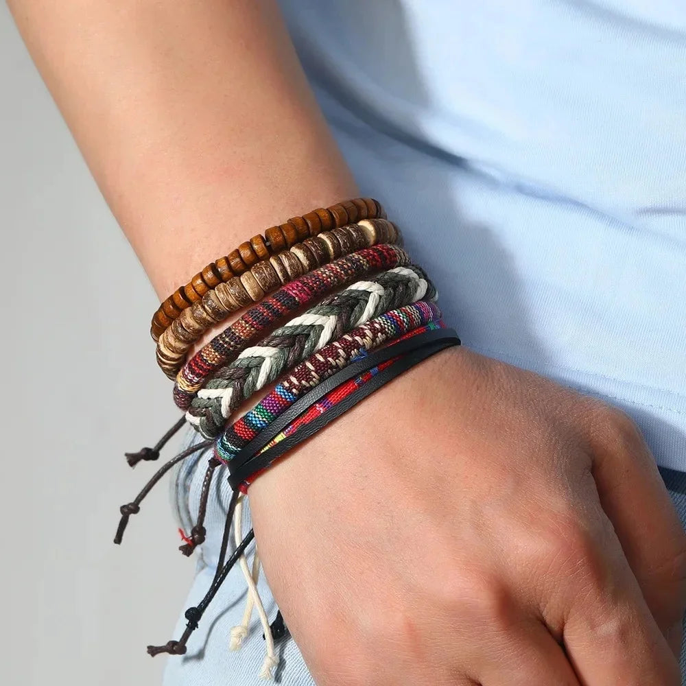 4Pcs Men's Braided Leather Bracelets Set – Vintage Life Tree & Rudder Charms, Wood Beads, Ethnic Tribal Wristbands