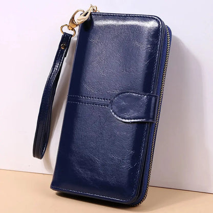 Women’s Vintage PU Leather Clutch Wallet — Large Capacity Phone Purse with Wristband, Simple Card Holder Pouch Bag