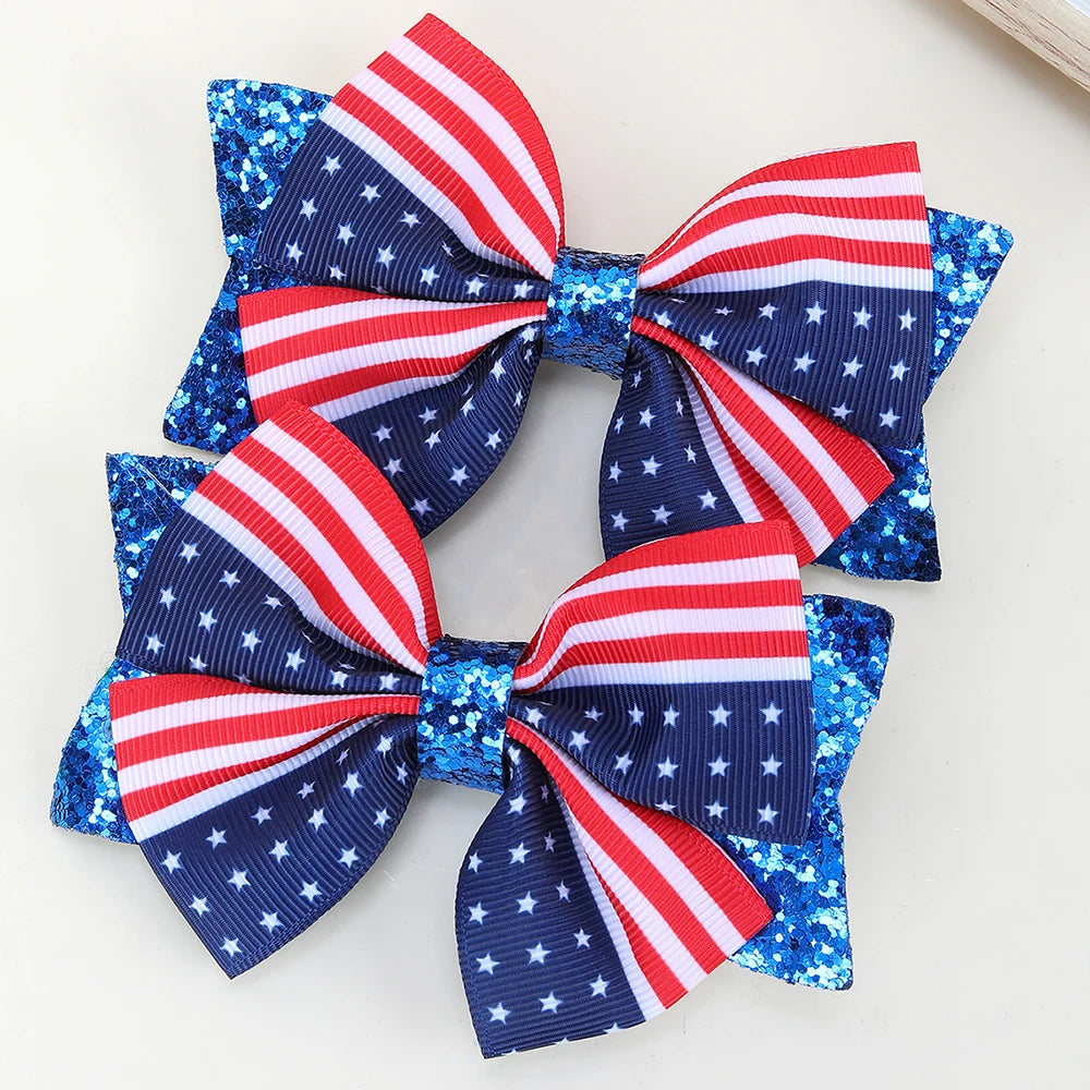 2Pcs USA Flag Bow Hair Clips – Patriotic Red White Blue Ribbon Barrettes for 4th of July Party Hair Accessories Women & Girls Festive Wear