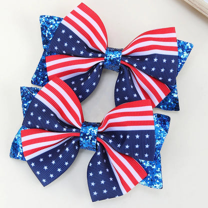 2pcs USA Flag Bow Hair Clips - Red White Blue Patriotic Ribbon Barrettes for 4th of July Party Accessories