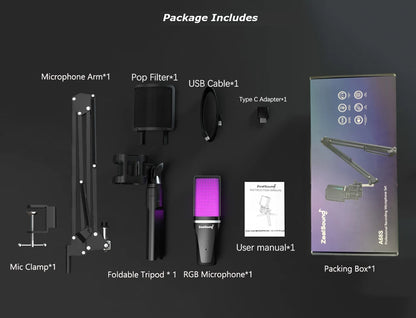 Zealsound RGB USB Condenser Microphone with Articulated Arm & Tripod – Gaming, Podcasting, Streaming, YouTube Recording Mic