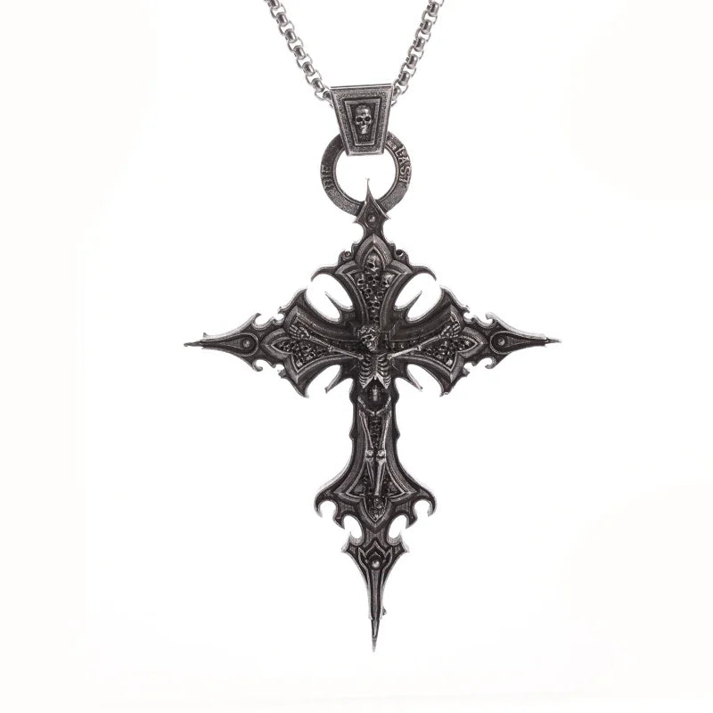 Gothic Skull Jesus Cross Necklace – Punk Catholic Amulet Jewelry for Men, Religious Pendant