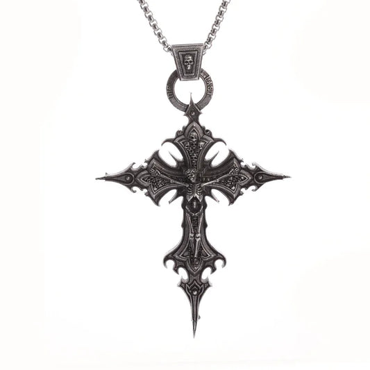 Gothic Skull Jesus Cross Necklace – Punk Catholic Amulet Jewelry for Men, Religious Pendant