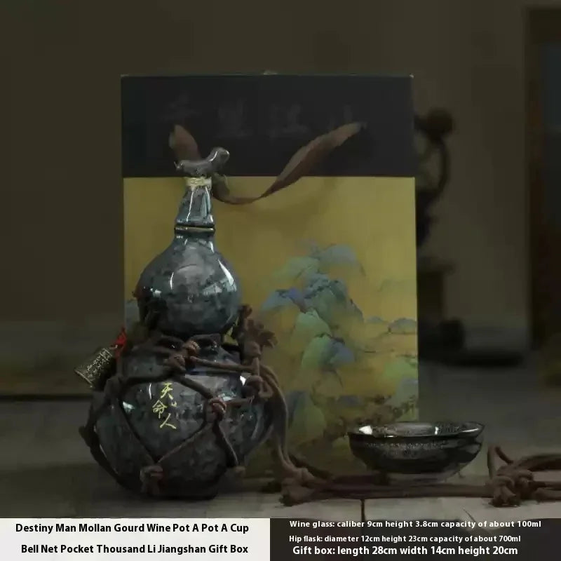 800ml Wukong Ceramic Gourd Cup - Ancient-Style Wine Gourd Set with Net Bag