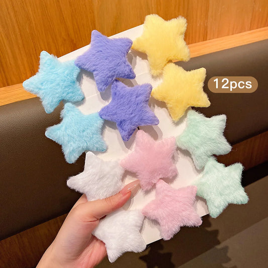 12Pcs Colorful Star Plush Hair Clips - Cute Soft Hair Accessories for Daily Wear