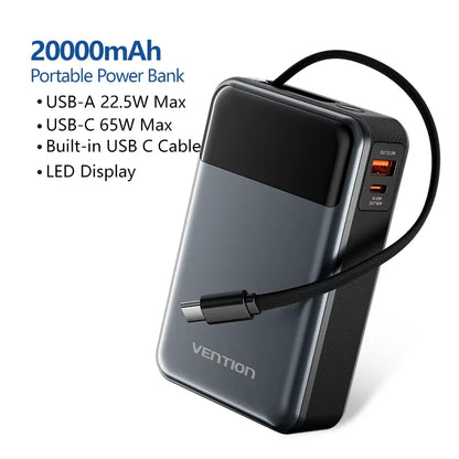 Vention 65W Power Bank - 20000mAh Portable USB-C Fast Charger with Built-In Cable for Laptop iPhone & Samsung Devices