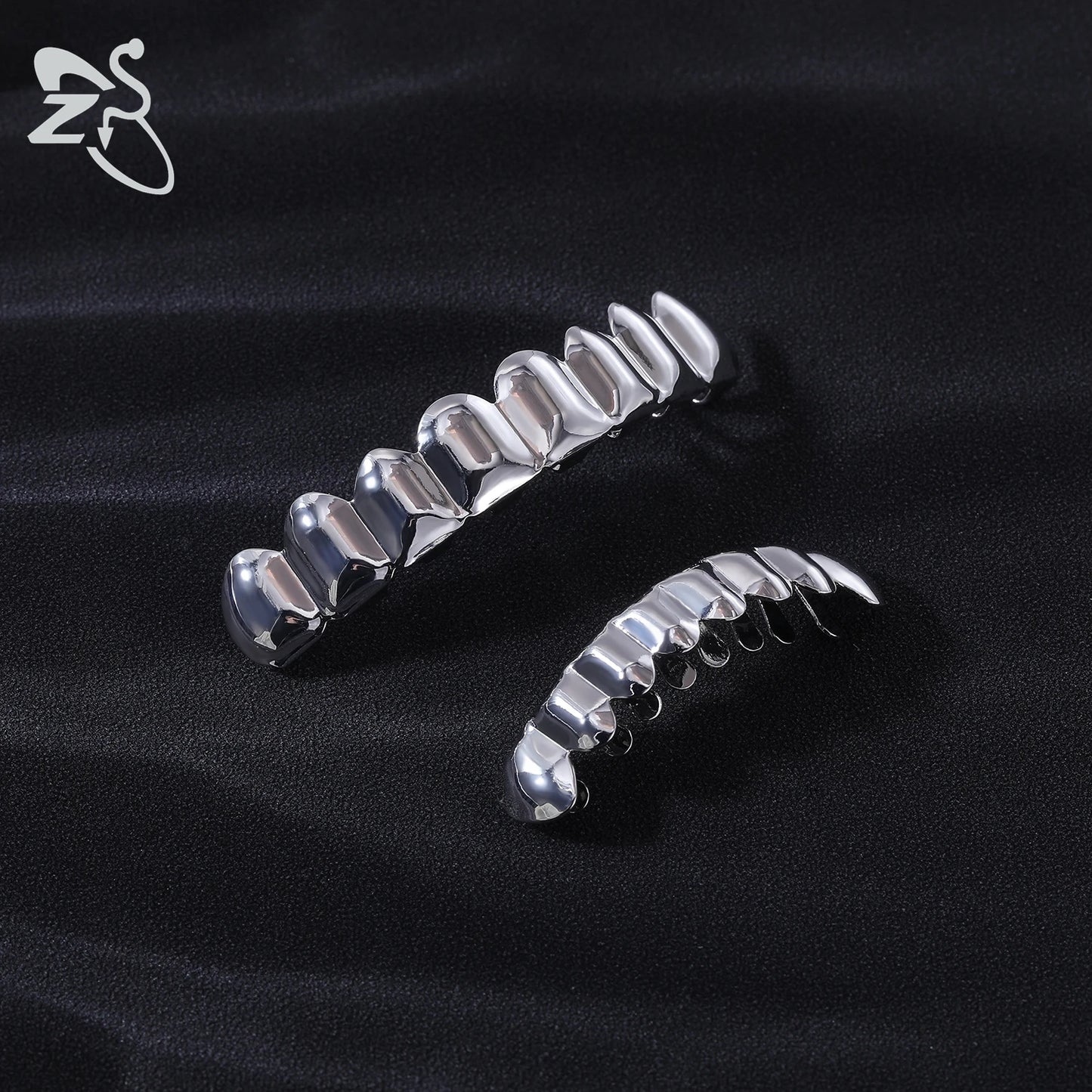 ZS Hip Hop Grillz – Silver/Gold Plated CZ Crystal Cross & Rose Star Tooth Cap, Top & Bottom Set