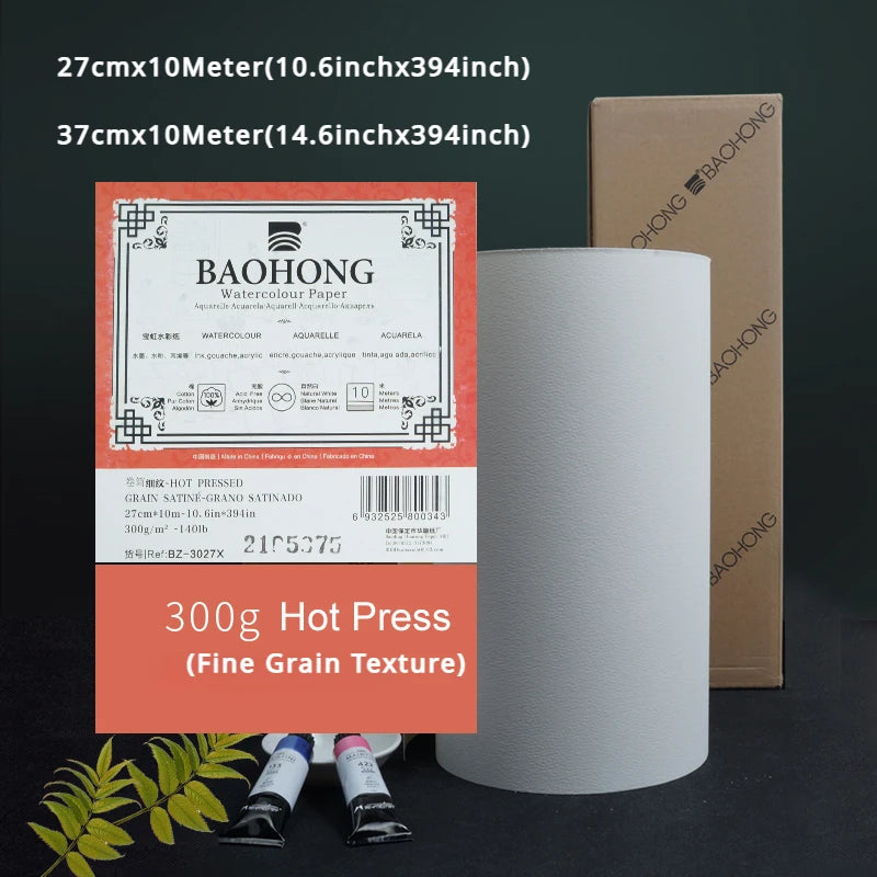BAOHONG 300g Watercolor Paper Roll – 100% Cotton Natural White Cold Press Rough Professional Art Paper 27/37cm × 10m