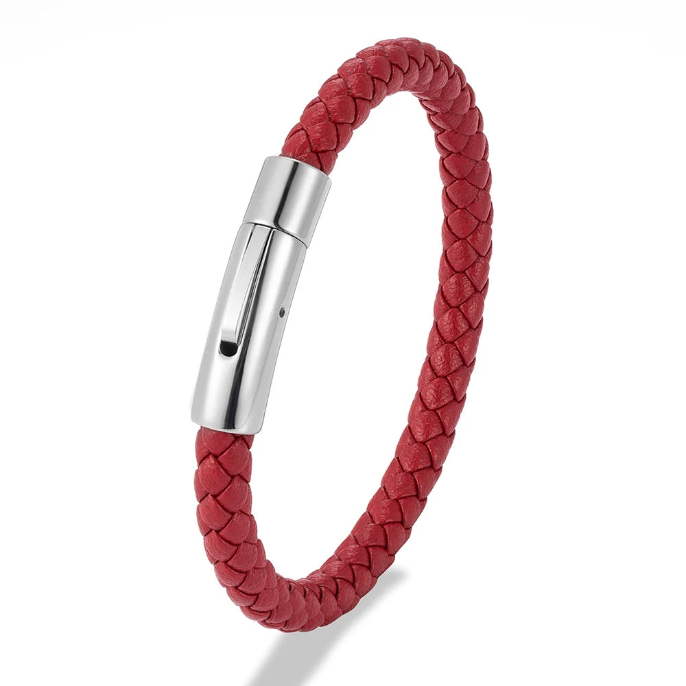 MKENDN Red Braided Leather Bracelet - 6mm Stainless Steel Button Unisex Couple Jewelry Gift Classic Simple Design