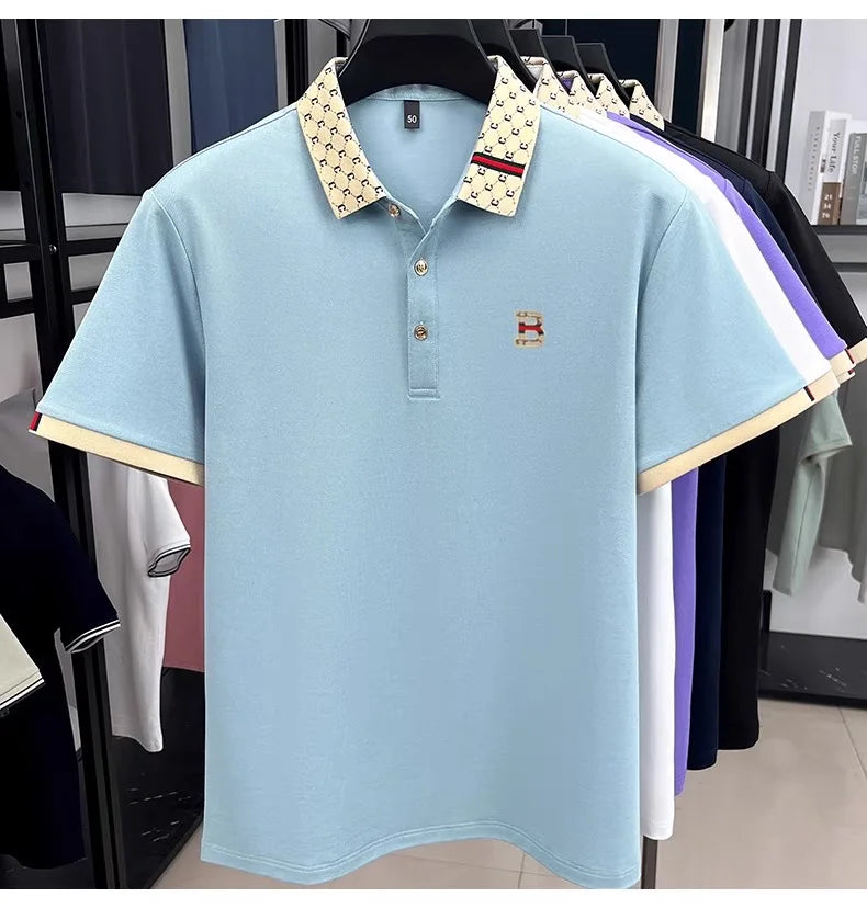 Men's Luxury Color Block Polo Shirt - Embossed Letter Short Sleeve Breathable Summer Fashion Top