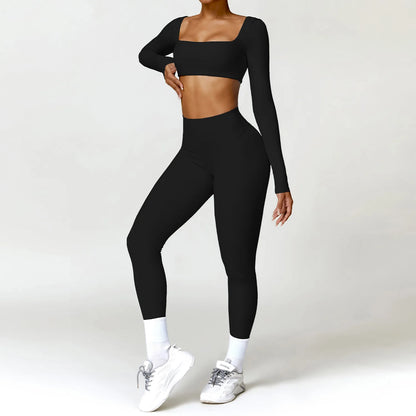Hearuisavy 2PCS Long Sleeve Gym Set for Women, Quick-Drying Yoga Clothes, Sportswear, Running Leggings, Workout Sports Crop Top