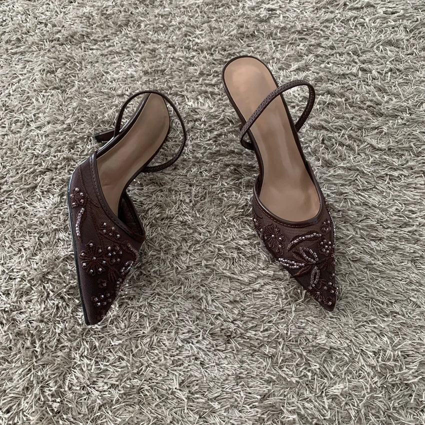 2026 Beaded Mesh Slingback Heels - Women's Pointed Toe Luxury Summer High Heel Sandals