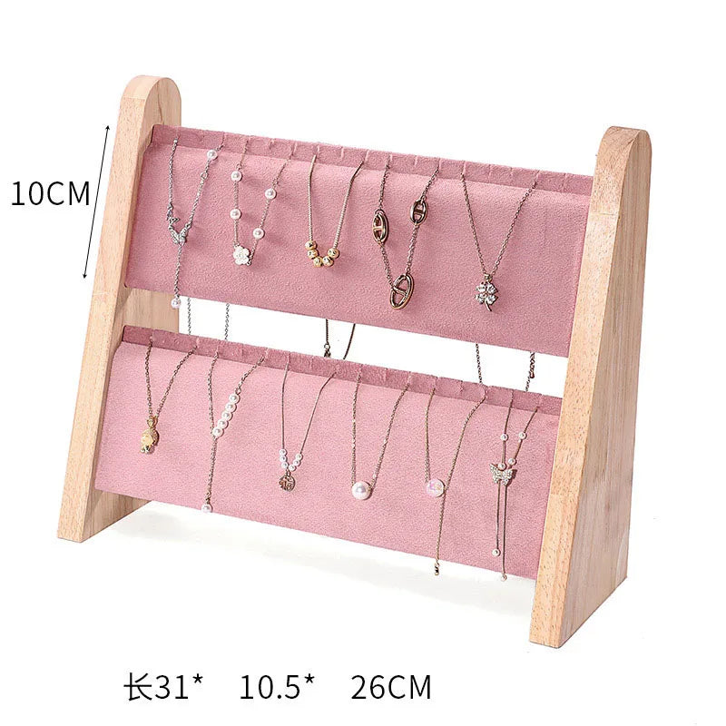 2-Layer Wooden Slope Jewelry Display Stand – Necklace & Pendant Organizer Rack Tray