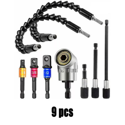 Flexible Drill Extension Kit – 105° Right Angle Drill Adapter with Universal Sleeve, Multi-Size Drill Extender Tool for Tight Spaces