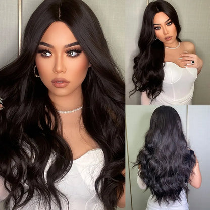 Long Pink Wavy Wig for Women — Middle Part Synthetic Hair, Heat-Resistant, Natural-Looking Cosplay Wig