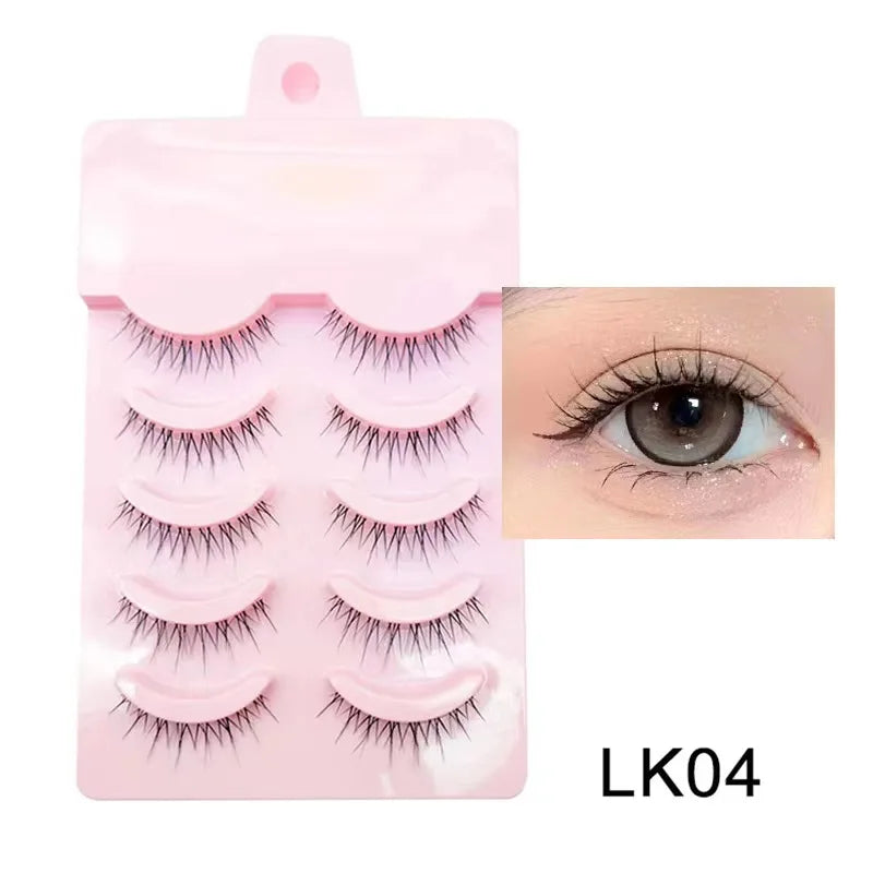 Manga Lashes 5 Pairs – Anime Cosplay Faux Mink Short Full Strip Lashes, Korean Natural Look, Clear Band Soft Eyelash Extensions