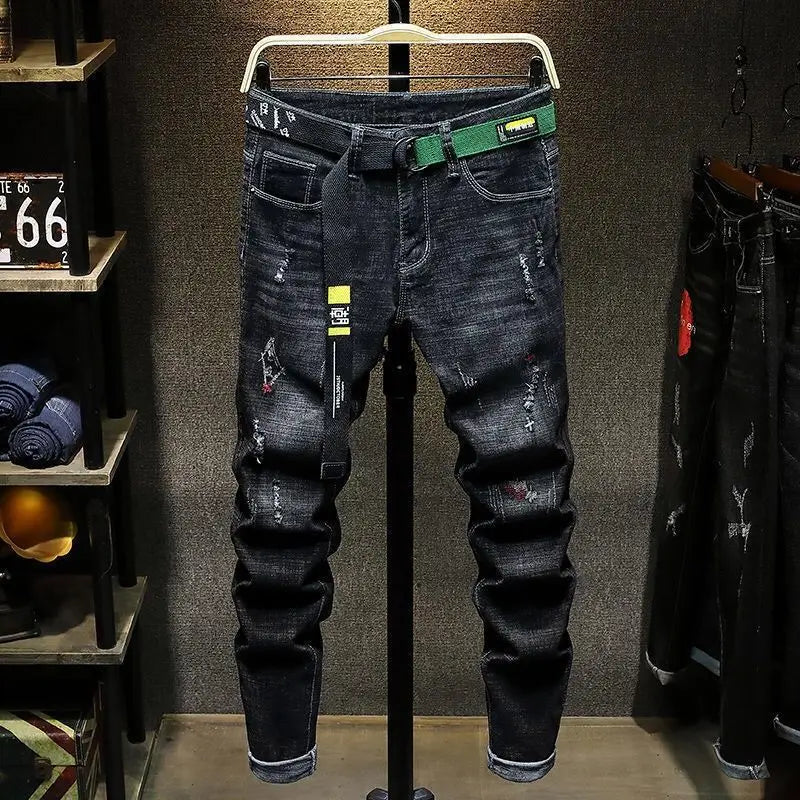 Luxury Korean Streetwear Slim Fit Denim Jeans – Punk Style with 3D Embroidery for Spring & Autumn