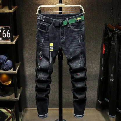 Luxury Korean Streetwear Slim Fit Denim Jeans – Punk Style with 3D Embroidery for Spring & Autumn