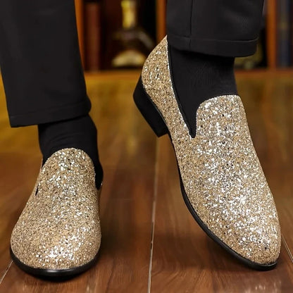 Men’s Luxury Sequin Loafers - Gold & Silver Formal Slip-On Wedding and Party Shoes