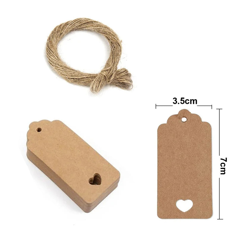 100PCS Hemp Rope & 20m Gilded Hanging Tags – Cowhide Black & White Cardboard Blank DIY Heart & Circle Labels