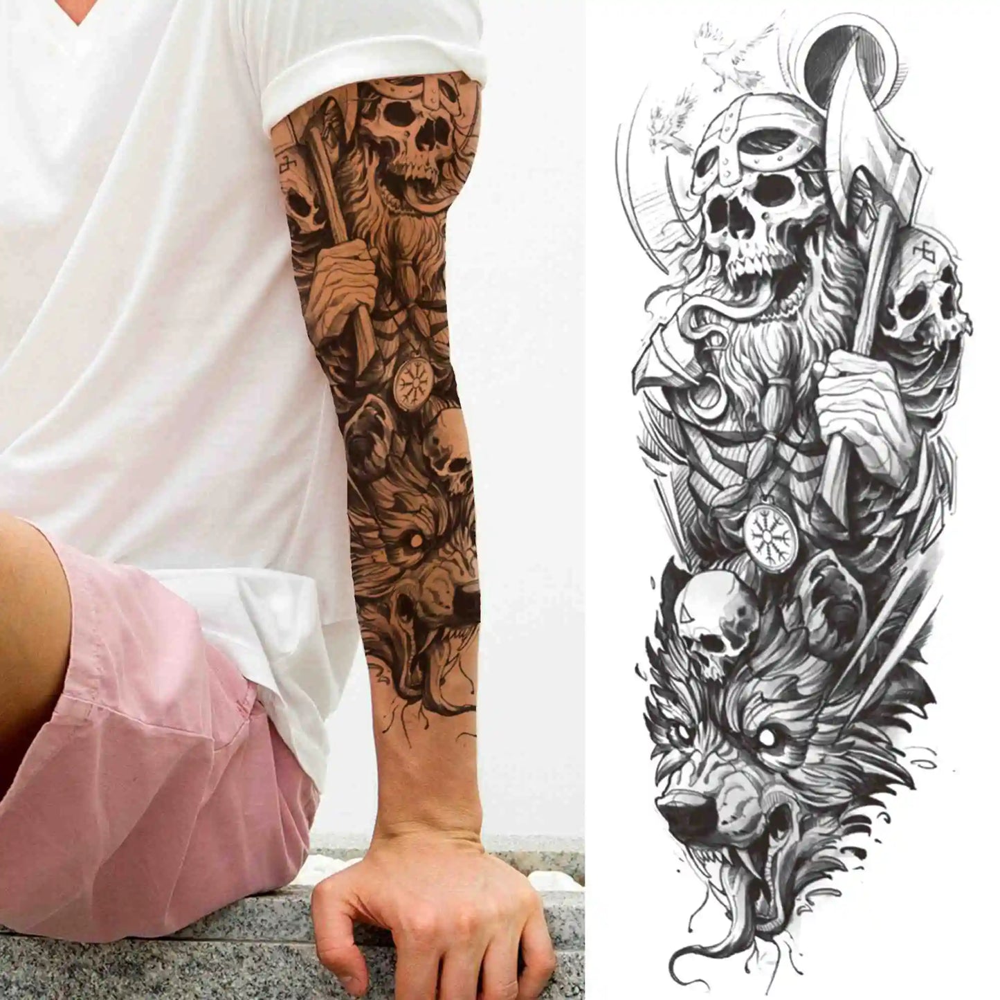 Full Arm Temporary Tattoo Sleeve - Realistic Warrior Lion Tiger Flower & Maori Design Fake Tattoos