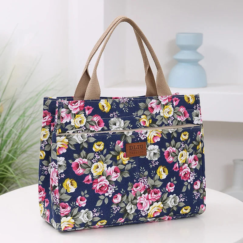 Women’s Floral Print Canvas Tote Bag – Portable Lunch Bag Casual Handbag Bento Mommy Bag for Picnic & Travel