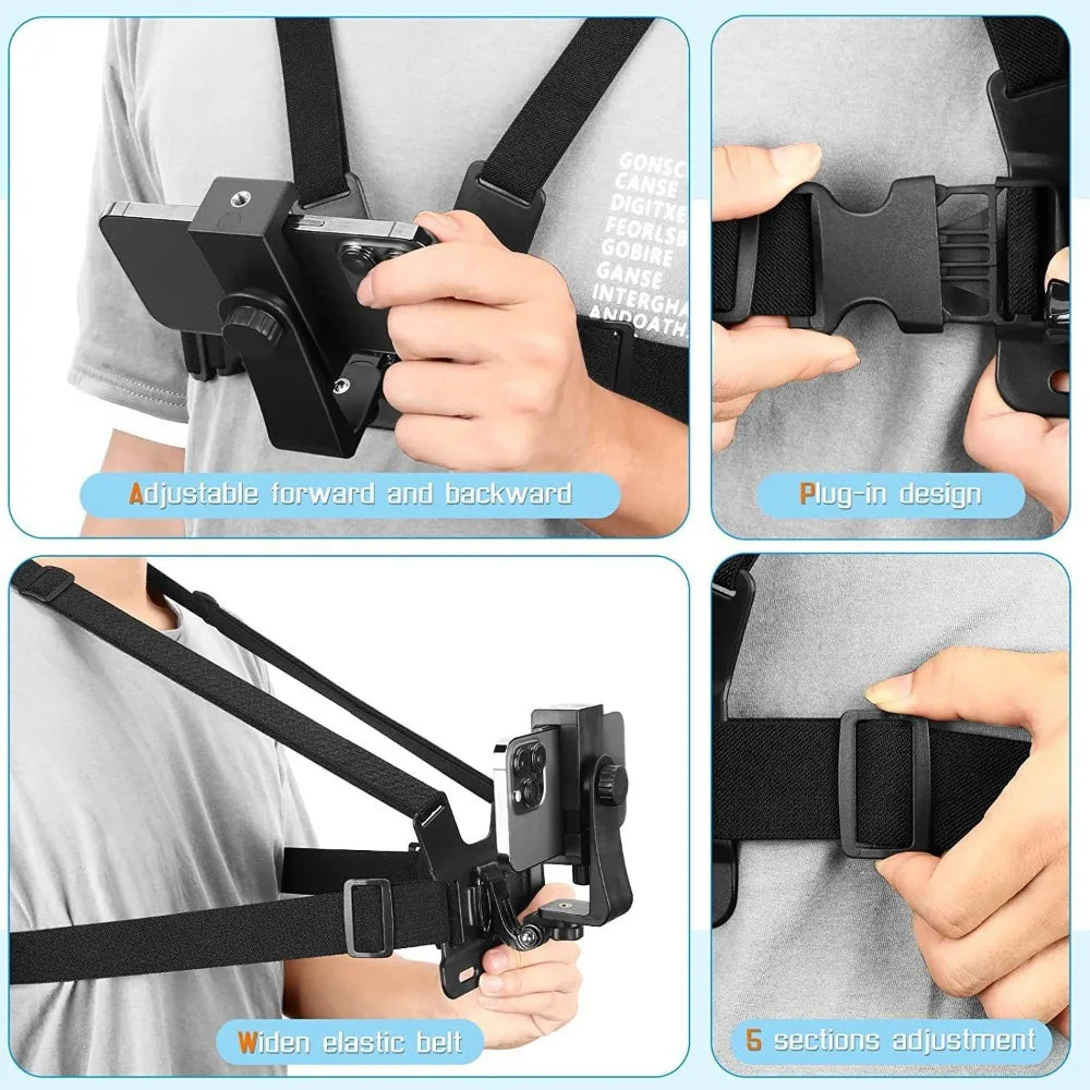 First-Person Adjustable Chest Strap Mount – Action Camera & Mobile Phone Holder for Cycling, Skiing, Outdoor Recording
