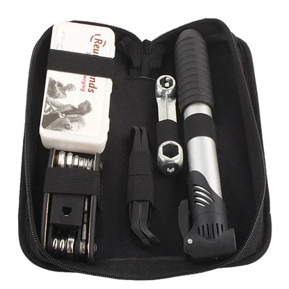Multifunctional Bicycle Repair Kit – Pump, Tire Patch, Lever & Tools for Road Bike Maintenance