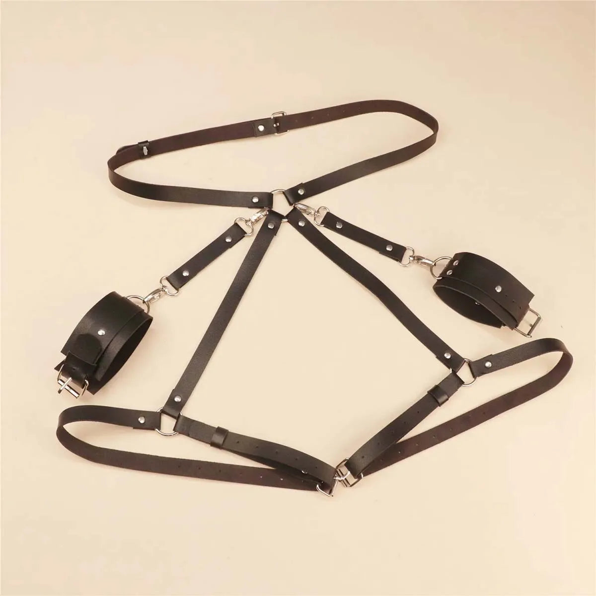 Gothic PU Leather Garter Belt Set – Fashion Bondage-Inspired Waist Belt with Matching Cuffs and Restraints