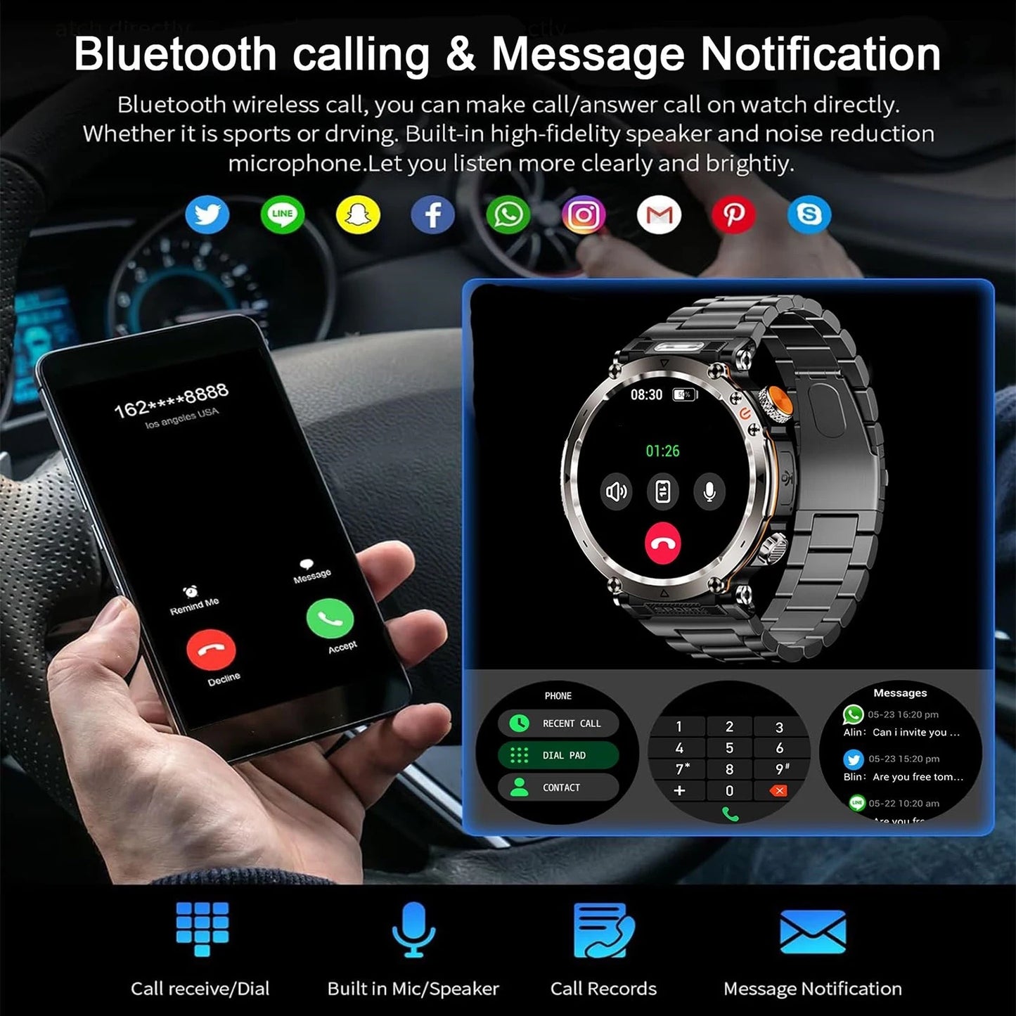 2025 5ATM Outdoor Smartwatch for Men – 600mAh Battery, LED Flashlight, Compass, Bluetooth Call, Heart Rate, IP68 Sports Watch