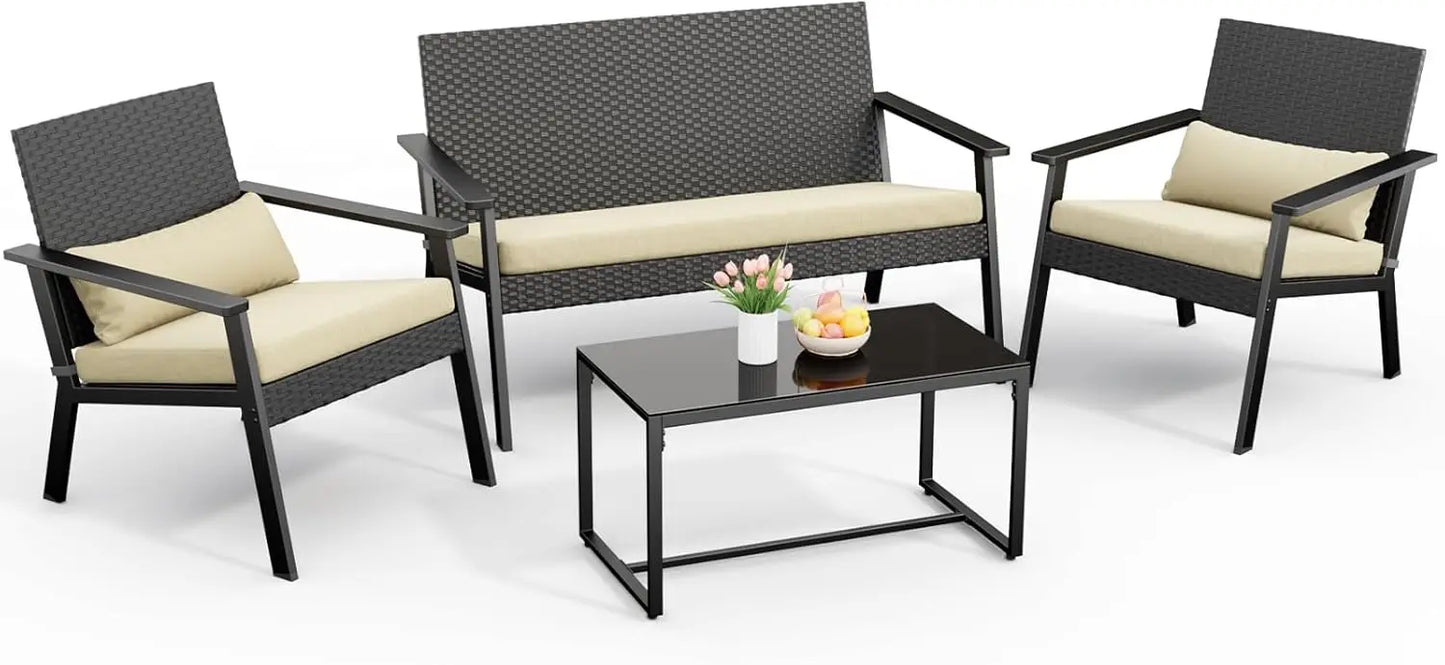 4-Piece Wicker Patio Furniture Set with Cushions & Table – Outdoor Seating for Balcony, Backyard & Porch
