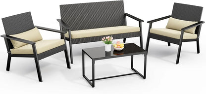 4-Piece Wicker Patio Furniture Set with Cushions & Table – Outdoor Seating for Balcony, Backyard & Porch
