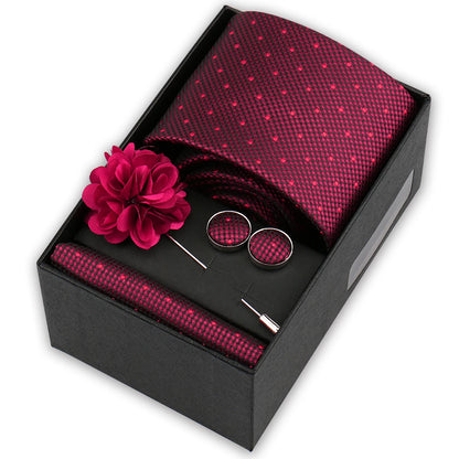 Men’s 4-Piece Tie Set Gift Box - Elegant Necktie with Handkerchief, Cufflinks & Brooch for Business, Wedding & Suit Accessories