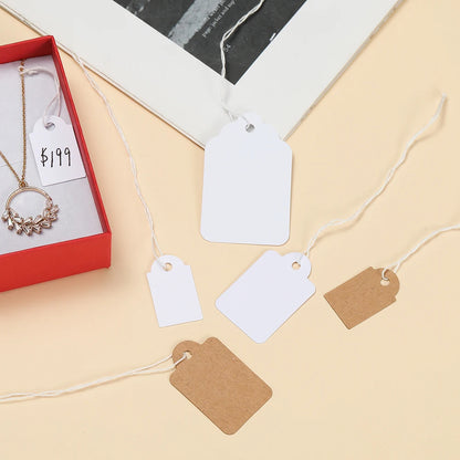 100PCS Price Label Tags — Rectangular Blank Paper Cards with String Tie for Watch & Jewelry Display Merchandise