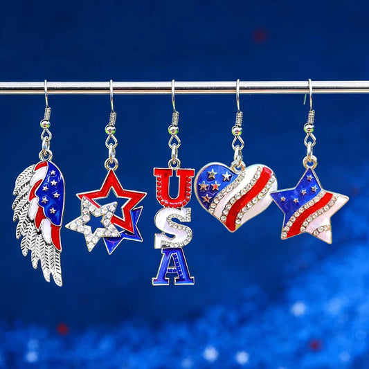 American Independence Day Earrings - USA Flag Colors Love Star Alloy Drop Pendant Jewelry Gift for Celebration