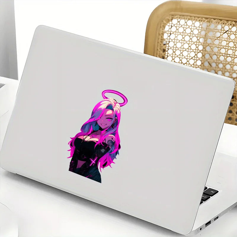 Neon Pink Cyberpunk Angel Sticker - Waterproof Vinyl Decal for Cars, Motorcycle Fuel Tanks, and Laptops
