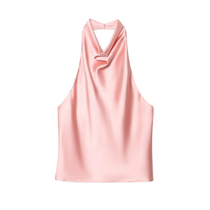 Women's Satin Halter Backless Camisole Top – Off Shoulder Summer Beach Tank Blouse